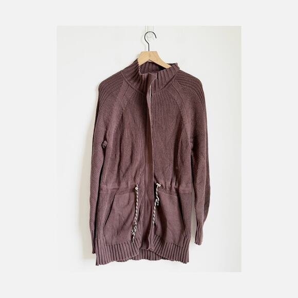 NWOT LOFT Lou & Grey Ribbed Drawstring Zip Pocket Cardigan Brown Large - Picture 2 of 4